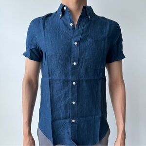 Men's J.Crew Slim Fit Dress Button Down Shirt Irish Linen Navy Blue Size S